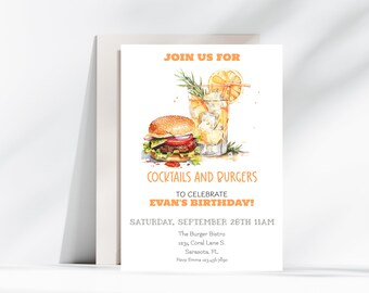 Cocktails & Burgers Invite, Men's Birthday Party Invitation, Cookout Celebration Invitation, Burgers And Drinks Cookout Invite, BBQ Party