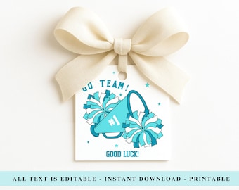 May include: A square white gift tag topped with a cream-colored ribbon bow. The tag features a teal megaphone with a number one symbol, two teal and white pom-poms, and the text GO TEAM! and GOOD LUCK! printed in teal.