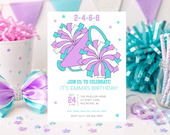May include: A rectangular birthday invitation card featuring a purple megaphone and two pom-poms in purple, white, and turquoise. The text reads 2-4-6-8, JOIN US TO CELEBRATE! IT'S EMMA'S BIRTHDAY! OCT. 24 2 PM, THE MUELLER HOME 23 SPIRIT LANE MOUNTAIN, WI, Let's Cheer, have fun, and eat cake! RSVP JILLY 123.456.7890.