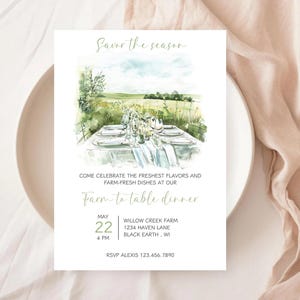 May include: A watercolor illustration of a farm-to-table dinner invitation with a green field and a table setting. The text reads "Savor the season" and "Farm to table dinner". The invitation details include the date, time, location, and RSVP information.