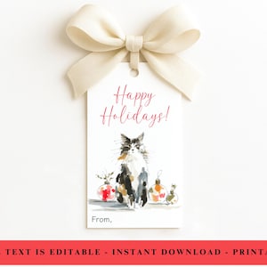 Christmas Kitty Gift Tag, Merry Christmas Favor Tag, Printable Kitten Cat Gift Tag, Cats Lovers Holiday Gift Tag, Editable Xmas Kitty Tag