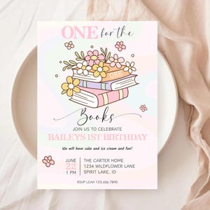 Chapter One Birthday Invitation, One For The Books Invite, Book Theme Birthday Party, Storybook 1st Birthday, Book Lover, Groovy Floral Book