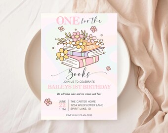 Storybook 1st Birthday Invitation: Groovy Floral Books (Digital Download)