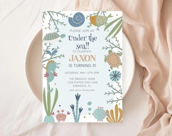 Under The Sea Birthday Invitation, Sea Animals Party Invite, Ocean Animals Birthday, Boy Birthday Nautical Ocean Birthday, Sea Birthday