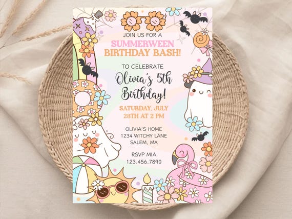 Summerween Birthday Invitation, Spooky Cute Kids Pool Party Invite, Pastel Halloween Birthday, Groovy Pastel Ghost Bash Template, Retro Boos