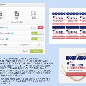 May include: A digital download graphic with instructions and printable tags. The tags feature a patriotic design with red, white, and blue colors, stars, and the text "Cheers to 250 Years! Happy 4th of July!" The image includes download options.