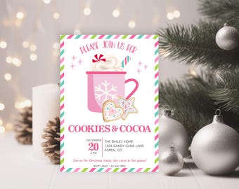 May include: A rectangular invitation card with a pink, green, and white striped border. The text reads PLEASE JOIN US FOR COOKIES & COCOA. It features a pink mug of cocoa with whipped cream, a candy cane, and two decorated cookies.