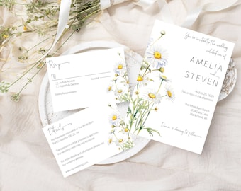 Daisy Wedding Invitation, Rustic Wildflower Wedding Invitation Suite, Wild Daisies Wedding Set, Country Wedding Invite, Outdoor Wedding