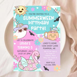 May include: A whimsical invitation for a "Summerween" birthday party. The design features cartoon illustrations of a sun, ghost, flamingo, and a mug with a face. The text reads "Lindy's Turning 5" and includes the date and time.