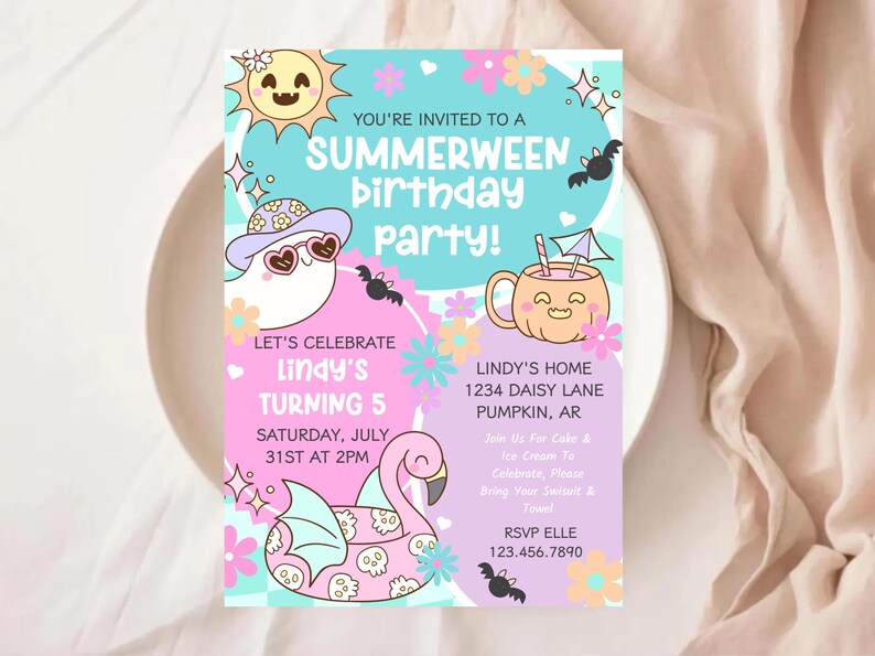 May include: A whimsical invitation for a "Summerween" birthday party. The design features cartoon illustrations of a sun, ghost, flamingo, and a mug with a face. The text reads "Lindy's Turning 5" and includes the date and time.