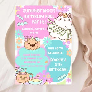 Halloween pool party invitation in pinks and aquas with retro ghosts, flowers, pumpkins, and bats