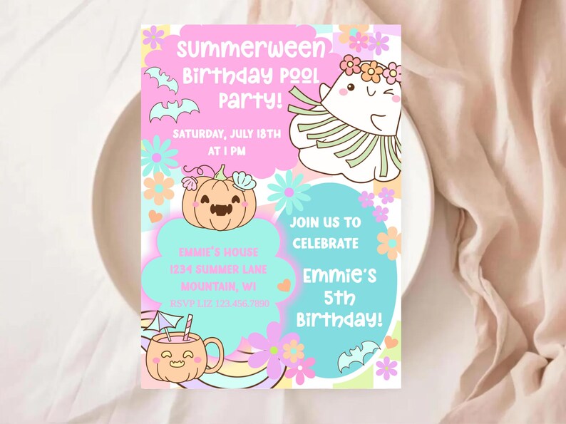 Halloween pool party invitation in pinks and aquas with retro ghosts, flowers, pumpkins, and bats