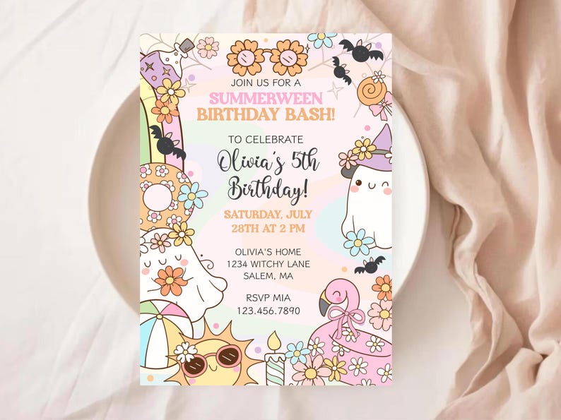 Summer-meets-Halloween party invite for little girls