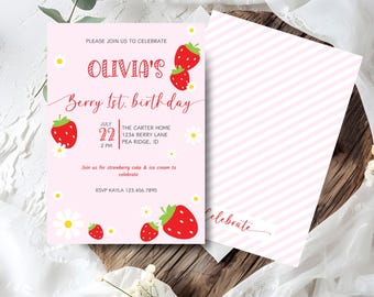 Berry First Birthday Invitation, Strawberry 1st. Birthday Invite, First Birthday Girl Invite, strawberry birthday, Editable Strawberry Party