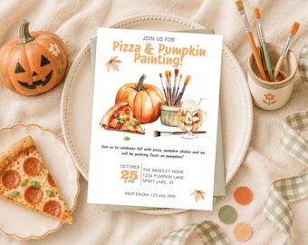 May include: A white invitation card featuring the text Pizza & Pumpkin Painting! with watercolor illustrations of a pumpkin, a pizza slice, paintbrushes, and a pumpkin-shaped drink. Includes event details for October 25 at 2 PM.