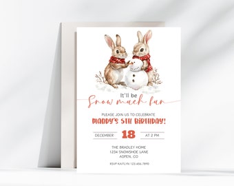 Snowman Birthday Invitation, Winter Wonderland Party Invite, Snowman and Bunnies Invite, Winter Birthday Celebration, Winter Party Invite