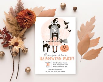 Kleine Hexe-Halloween-Party-Einladung, bearbeitbare süße Hexe-Einladung, Hexe-Halloween-Kinder-Party-Einladung, Hexe & Kitty Party einladen