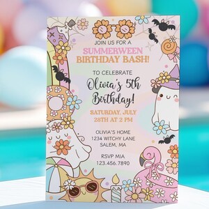 Pastel Summerween birthday invitation with groovy ghost and flower accents