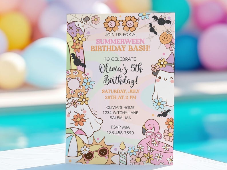 Pastel Summerween birthday invitation with groovy ghost and flower accents