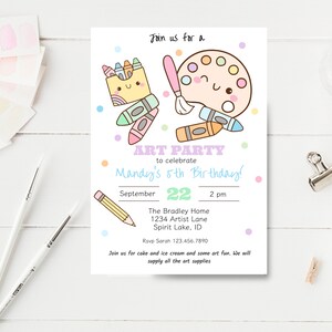 May include: A colourful invitation for an art party to celebrate Mandy's 5th birthday. The invitation features a cartoon drawing of a paint palette and crayons. The party is scheduled for 22nd September at 2 pm at The Bradley Home, 1234 Artist Lane, Spirit Lake, ID. RSVP to Sarah on 123.456.7890.