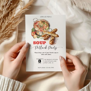 Puede incluir: Una tarjeta de invitación blanca con una ilustración de acuarela de una olla de sopa y pan. El texto en la tarjeta dice "Únete a nosotros para una fiesta de sopa tipo potluck. Por favor, trae una olla de tu sopa favorita para compartir con los demás. 3 de noviembre, 5 PM, The Bradley Kitchen, 1234 Potluck Lane, Spirit Lake, ID. RSVP Jenna 123.456.7890"