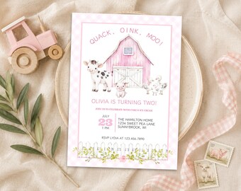 Pink Farm Animals Birthday Invitation: Girl Barnyard Party (Editable Template)