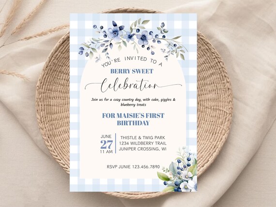 Blueberry First Birthday Invitation: Berry Sweet Party (editable