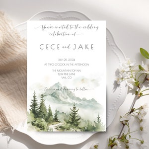 Bergwald Hochzeitseinladung, druckbare Hochzeit im Freien einladen, bearbeitbare Natur Hochzeit einladen, Serene Berg Hochzeitseinladung