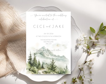 Mountain Forest Wedding Invitation, Printable Outdoor Wedding Invite, Editable Nature Wedding Invite, Serene Mountain Wedding Invitation