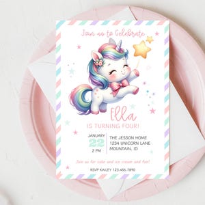 Invito di compleanno unicorno, invito di compleanno magico unicorno, invito modificabile per festa unicorno, invito di compleanno per 4 ragazze sempre magiche