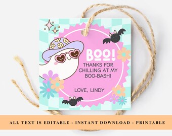May include: A square gift tag with a light blue and white checkered background, featuring a ghost wearing a floral hat and heart-shaped sunglasses. The text reads: BOO! THANKS FOR CHILLING AT MY BOO-BASH! LOVE, LINDY. Includes two bats and flowers.