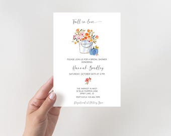Fall In Love Bridal Shower Invite, Pumpkin Floral Bridal Brunch, Minimalist Bridal Invitation, Autumn Wedding Shower, Rustic Fall Bride