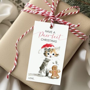 Kitty Christmas Gift Tag Printable, Cat Lover Holiday Gift Tag, Editable Have Purr-fect Christmas Tag, Kitten Cat Santa Hat Theme Gift Tag