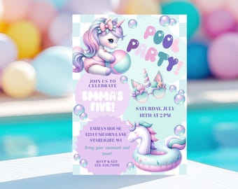 Unicorn Pool Party Invitation: Retro Pastel Birthday (Digital Download 5x7 Template)