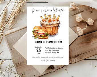 Burger Beer Birthday Invitation, Cheers and Beers Birthday Invite, Fall Football Party  Invite, Burger Beer Celebration, Guy Birthday Invite