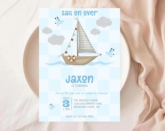 Verjaardagsuitnodiging kleine matroos, nautische kinderfeestje uitnodigen, afdrukbare boot verjaardag, zeil op over thema, uitnodiging Sail-Ebration-feestje