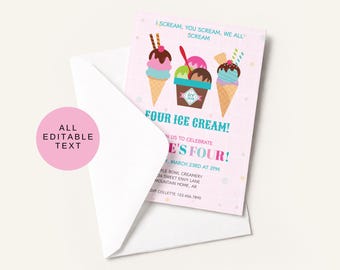 Editable Ice Cream Birthday Invitation, I Scream, You Scream, We All Scream FOUR Ice Cream Party Invite, 4th Birthday Party Invite Girl