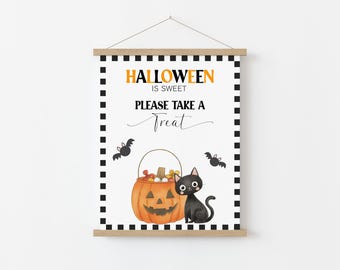 Letrero de dulces de Halloween imprimible, letrero de dulces para pedir dulces, letrero editable para el porche, letrero con tazón de dulces de Halloween, letrero de "Por favor, llévate un dulce".