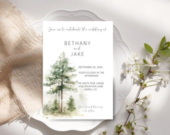 Pine Forest Wedding Invitation, Editable Mountain Wedding Invite, Printable Woodland Wedding Invitation, Watercolor Pines Wedding Invite