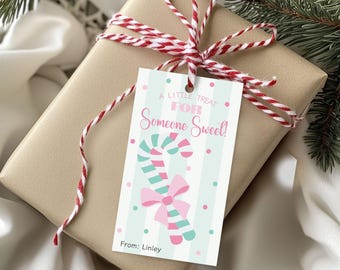 May include: A pink and green candy cane with a pink bow on a light blue and white striped background. The text on the tag reads "A little treat for someone sweet!" and "From: Linley".
