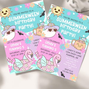 Cute Summerween pool party invite with spooky cute pastel Halloween designs