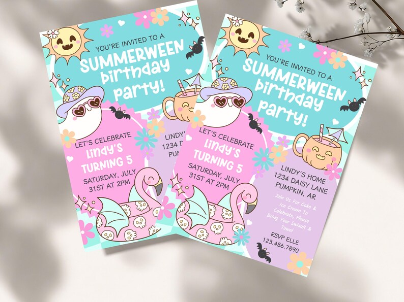 Cute Summerween pool party invite with spooky cute pastel Halloween designs