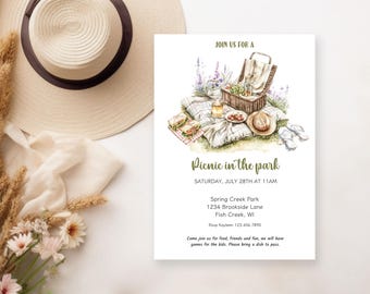 Summer Picnic Party Invite, Printable Family Reunion Picnic Invitation, Editable Birthday Picnic In The Park Invite, School Summer Picnic