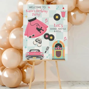 50&#39;s Sock Hop Birthday Party Sign, Welcome Sign Printable, Diner Party Decor, Retro Soda Shop Sign, Retro Shake,Rattle & Roll Birthday Sign