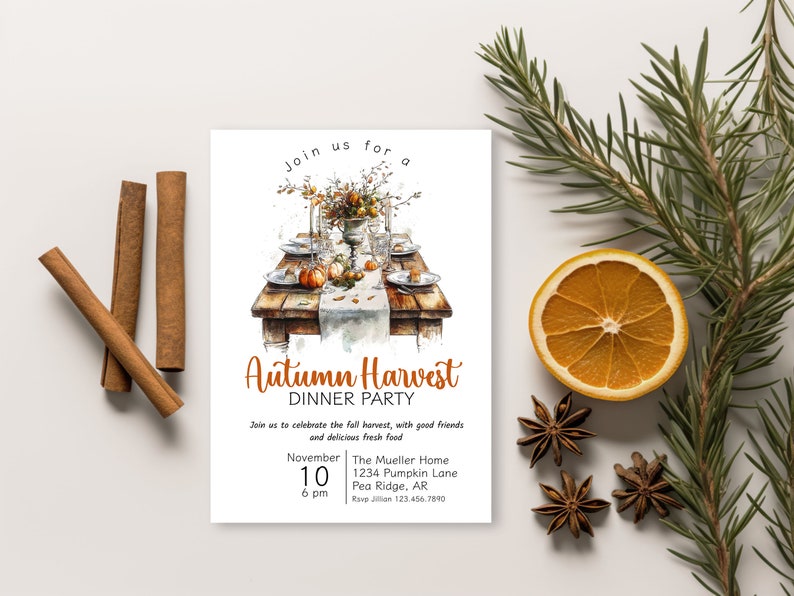 May include: An invitation to an Autumn Harvest Dinner Party. The invitation features a watercolor illustration of a rustic table setting with pumpkins, fall foliage, and place settings. The text reads "Join us for Autumn Harvest Dinner Party" and includes the date, time, and location of the event.