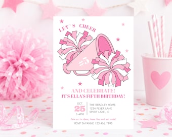 Inbjudan till födelsedagsfest med "Let's Cheer", lagtävling för cheerleading, inbjudan till Pom Poms-fest, cheerleading och firande för tjejfödelsedag, cheerleadingfest