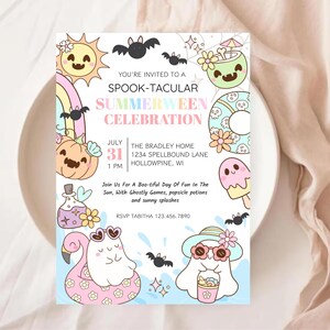May include: A whimsical invitation for a "Spook-tacular Summerween Celebration" featuring cartoon ghosts, bats, and summer-themed icons. The invitation includes the date, time, and location: July 31st at 1 PM, The Bradley Home, Hollowpine, WI.