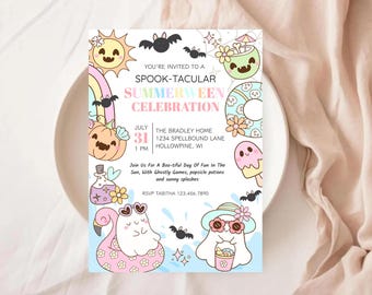 Summerween Party Invite: Pastel Ghost Pool Splash (Digitaler Download 5x7 Vorlage)