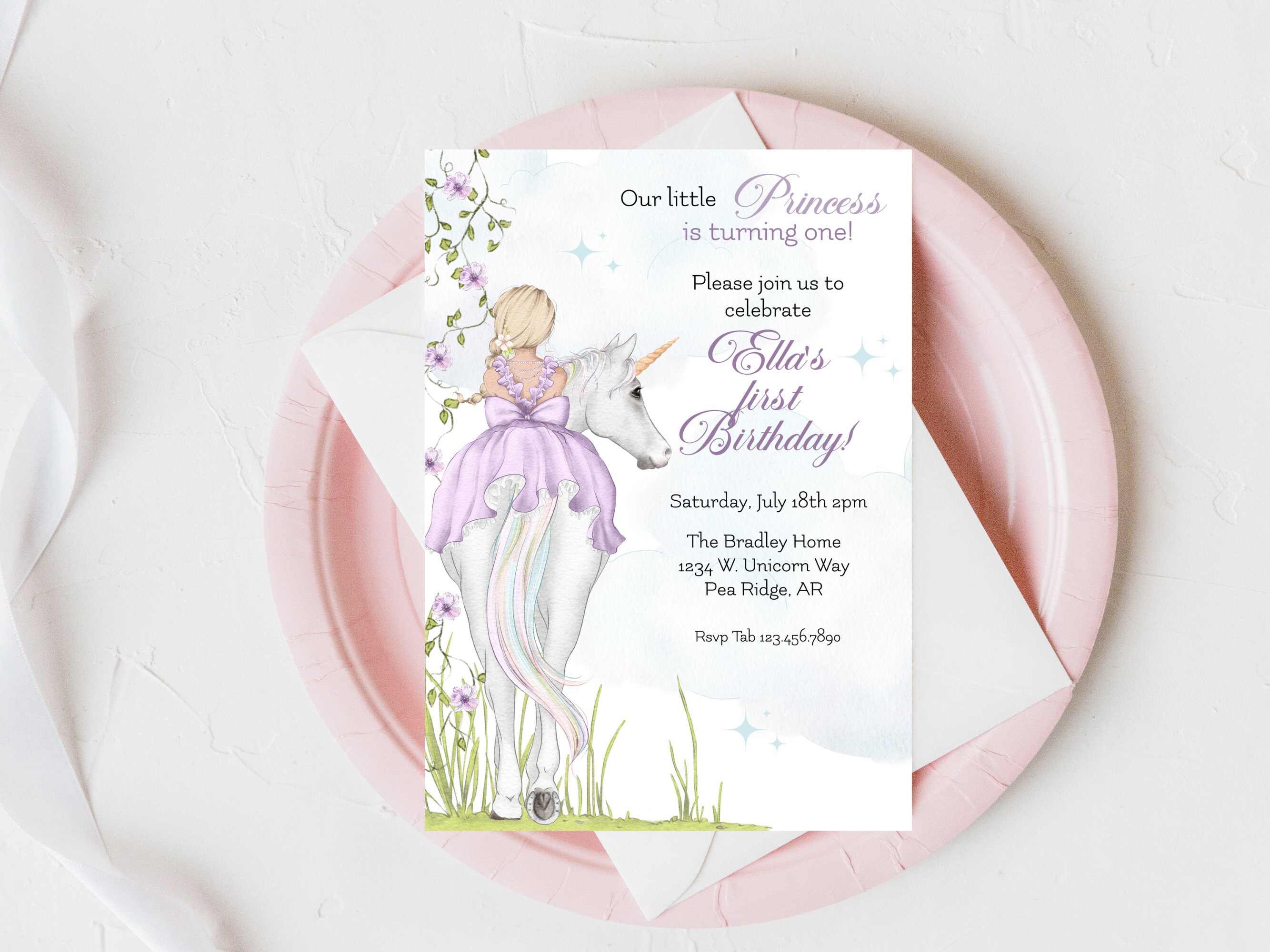 Princess First Birthday Invitation, Our Little Princess Printable Template Invite, Editable Unicorn & Princess Fairy Tale Birthday Invite