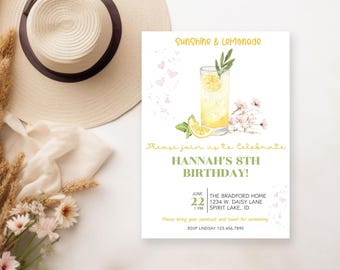 Invitation de fête d'anniversaire soleil et limonade, invitation d'anniversaire de limonade sucrée, soirée amusantes d'été, invitation de fête de limonade pour enfants, anniversaire de filles